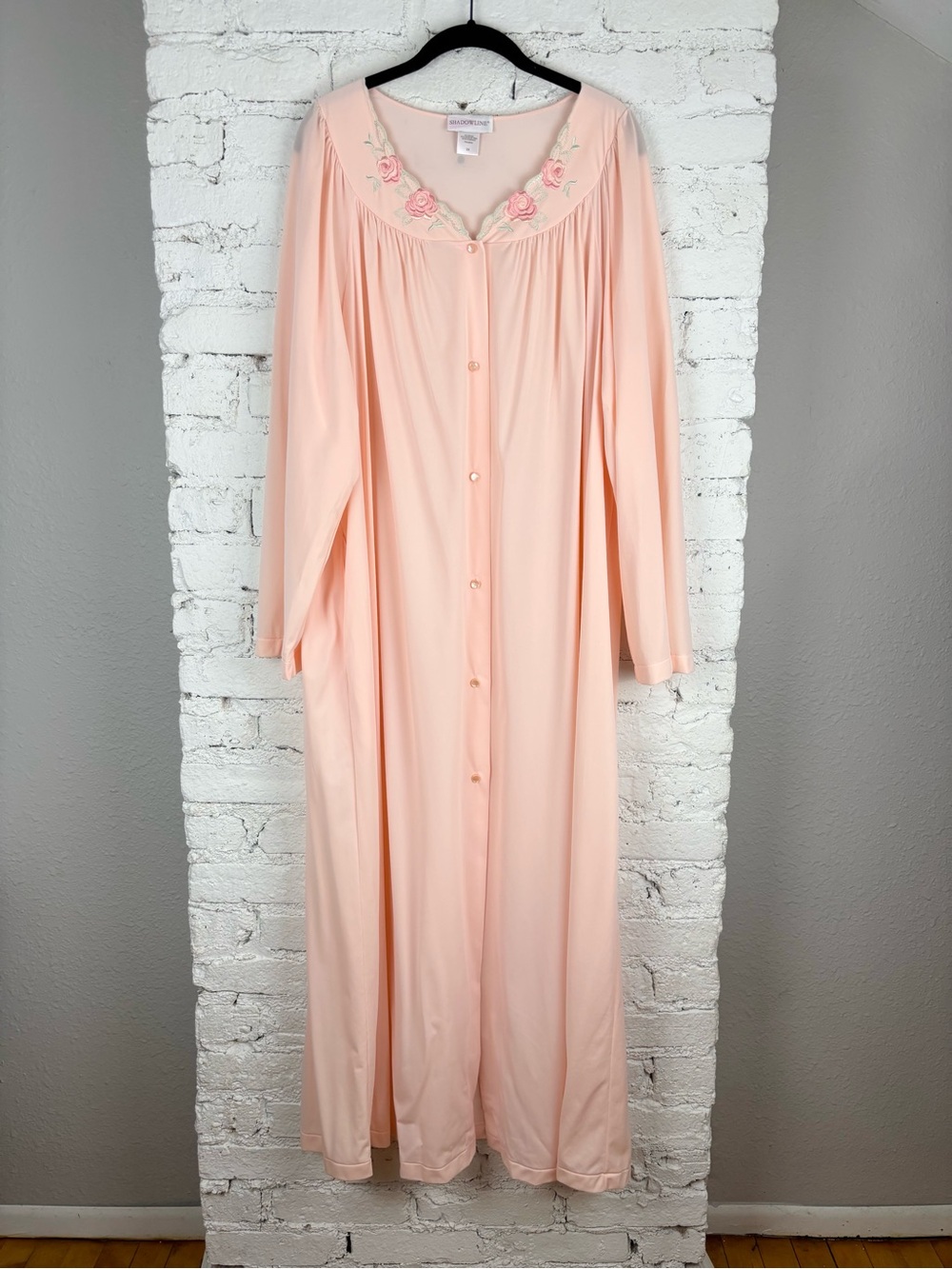 Vintage Shadowline Romantic Peach Button Front Mumu Nightgown Robe 2X